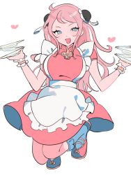 Rule 34 | 1girl, alternate costume, apron, blue eyes, blush, breasts, bun cover, dress, frilled apron, frills, heart, highres, holding, holding plate, large breasts, long hair, looking at viewer, love live!, love live! nijigasaki high school idol club, mole, mole under eye, pink dress, pink footwear, pink hair, plate, roneco, solo, squatting, zhong lanzhu