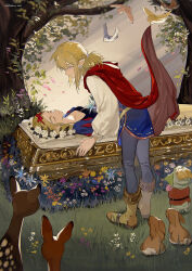 Rule 34 | 1boy, 1girl, akihare, animal, artist name, beak hold, belt, bird, blonde hair, blue flower, blue shirt, boots, bow, braid, breasts, brown footwear, cape, cleavage, closed eyes, closed mouth, coffin, cosplay, crown braid, dated, deer, earrings, flower, forest, grass, grey pants, hair bow, half updo, highres, jewelry, korok, leaning forward, link, long sleeves, looking at another, lying, medium breasts, mouth hold, nature, nintendo, on back, orange flower, pants, parted bangs, petals, pink flower, pointy ears, princess zelda, puff and slash sleeves, puffy long sleeves, puffy sleeves, rabbit, red bow, red cape, rose, shirt, shoes, short hair, sidelocks, sleeping, snow white (disney), snow white (disney) (cosplay), snow white and the seven dwarfs, standing, the legend of zelda, the prince (disney), the prince (disney) (cosplay), tree, white flower, white rose