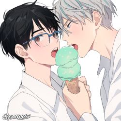 Rule 34 | 2boys, black hair, blue-framed eyewear, blue eyes, blush, brown eyes, close-up, collared shirt, commentary, dessert, dress shirt, face-to-face, food, gearous, glasses, grey hair, half-closed eyes, holding, holding food, ice cream, ice cream cone, katsuki yuuri, leaning, leaning forward, long sleeves, looking at another, looking at viewer, looking to the side, male focus, melting, multiple boys, open collar, open mouth, profile, semi-rimless eyewear, shaded face, sharing food, shirt, simple background, sleeves past wrists, symbol-only commentary, teeth, tongue, upper body, upper teeth only, viktor nikiforov, white background, white shirt, yaoi, yuri!!! on ice