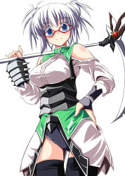 Rule 34 | 1girl, black gloves, black thighhighs, blue eyes, blush, breasts, closed mouth, commentary request, cowboy shot, fantasy earth zero, fingerless gloves, glasses, gloves, hand on own hip, holding, holding weapon, looking at viewer, medium breasts, nirap, over shoulder, red-framed eyewear, scythe, simple background, smile, solo, thigh gap, thighhighs, weapon, weapon over shoulder, white background, white hair