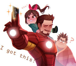 Rule 34 | 1girl, 2boys, ?, arc reactor, arm up, armor, black eyes, black footwear, black shirt, blue hoodie, boots, brown eyes, brown hair, buttons, closed eyes, closed mouth, commentary, confetti, crossover, english commentary, english text, facial hair, full armor, ginmu, green pantyhose, hair ribbon, holding, holding money, hood, hoodie, iron man, iron man (series), leg up, long hair, long sleeves, looking at another, looking to the side, marvel, marvel cinematic universe, money, multicolored armor, multiple boys, pantyhose, pink ribbon, plaid, plaid shirt, ponytail, power armor, red armor, red shirt, ribbon, shirt, short hair, simple background, smile, sparkle, standing, teeth, tony stark, vanellope von schweetz, white background, wreck-it ralph, wreck-it ralph (character), yellow armor