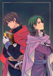 Rule 34 | 2boys, bad id, bad pixiv id, black jacket, book, brown hair, cape, commentary request, crossed arms, fire emblem, fire emblem: thracia 776, fred (fire emblem), gloves, green eyes, green hair, high collar, holding, holding book, ilios (fire emblem), jacket, long sleeves, male focus, multiple boys, nagiyaki (momomo77), nintendo, outside border, purple cape, purple jacket, purple sash, red cape, sash, scabbard, sheath, sheathed, short hair, sword, upper body, weapon, white gloves, wing collar