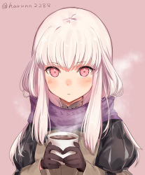 Rule 34 | 1girl, blush, brown gloves, buttons, closed mouth, cup, drink, fire emblem, fire emblem: three houses, garreg mach monastery uniform, gloves, hair between eyes, haru (nakajou-28), highres, holding, holding cup, hot chocolate, juliet sleeves, long hair, long sleeves, looking at viewer, lysithea von ordelia, mug, nintendo, pink background, pink eyes, puffy sleeves, purple scarf, scarf, simple background, solo, steam, twitter username, uniform, white hair
