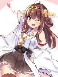 Rule 34 | 10s, 1girl, ;d, ahoge, arm behind head, arm up, bare shoulders, blue eyes, breasts, brown hair, detached sleeves, double bun, hairband, hand on own hip, headgear, heart, highres, japanese clothes, kantai collection, kongou (kancolle), long hair, looking at viewer, navy (navy.blue), nontraditional miko, one eye closed, open mouth, pleated skirt, purple eyes, ribbon, ribbon-trimmed sleeves, ribbon trim, skirt, smile, solo, thighhighs, twitter username, zettai ryouiki