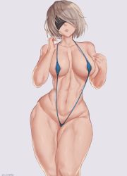 Rule 34 | 1girl, abs, aqua one-piece swimsuit, areola slip, bad id, bad pixiv id, bare arms, bare shoulders, bikini, blindfold, blue one-piece swimsuit, breasts, collarbone, grey background, grey hair, halterneck, highres, medium breasts, mole, mole under mouth, muscular, muscular female, navel, nier:automata, nier (series), one-piece swimsuit, oroborus, short hair, simple background, slingshot swimsuit, solo, swimsuit, thighhighs, 2b (nier:automata)