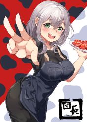 Rule 34 | 1girl, :d, absurdres, apron, black shirt, black skirt, blue apron, blush, braid, breasts, commentary request, denim apron, french braid, green eyes, grey hair, highres, holding, holding tray, hololive, large breasts, looking at viewer, medium hair, open mouth, shirogane noel, shirt, skirt, smile, solo, suzukichi (user pwmc7427), t-shirt, teeth, tray, upper teeth only, v, virtual youtuber, waitress, wavy hair, yakiniku
