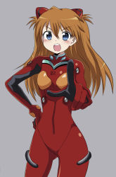 Rule 34 | &gt;:o, 1girl, :o, angry, bad id, bad pixiv id, blue eyes, blush, bodysuit, bracer, breasts, brown hair, cowboy shot, foreshortening, gloves, grey background, hair between eyes, hair ornament, hand on own hip, long hair, massala, neon genesis evangelion, open mouth, outstretched arm, pilot suit, plugsuit, pointing, pointing at viewer, shouting, simple background, skinny, small breasts, solo, souryuu asuka langley, turtleneck, two side up, v-shaped eyebrows