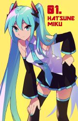 Rule 34 | 1girl, aqua eyes, aqua hair, aqua nails, aqua necktie, armpit peek, bad id, bad pixiv id, bare shoulders, black skirt, black thighhighs, character name, closed mouth, collared shirt, commentary, detached sleeves, hair between eyes, hand on own hip, hand on own knee, hatsune miku, headgear, highres, leaning forward, long hair, long sleeves, looking at viewer, maruchi, nail polish, necktie, pleated skirt, shirt, simple background, skirt, sleeveless, sleeveless shirt, smile, solo, thighhighs, twintails, very long hair, vocaloid, white shirt, yellow background, zettai ryouiki