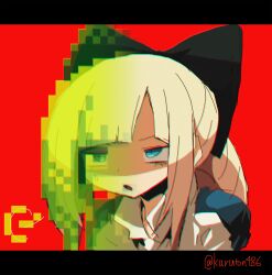 Rule 34 | 1girl, :o, black bow, blonde hair, blue eyes, bow, commentary request, hair bow, highres, huge bow, kuruton486, leaning forward, letterboxed, luca (kuruton486), open mouth, original, parted bangs, pixelated, red background, shirt, sick, simple background, solo, twitter username, white shirt