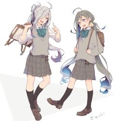 Rule 34 | 2girls, ahoge, alternate costume, asashimo (kancolle), bag, black socks, blue hair, bow, colis, full body, green bow, grey eyes, grey hair, grey skirt, grey sweater, hair between eyes, hair bun, hair over one eye, kantai collection, kiyoshimo (kancolle), kneehighs, loafers, long hair, low twintails, multiple girls, plaid, plaid skirt, pleated skirt, ponytail, school bag, school uniform, shoes, simple background, single hair bun, skirt, socks, standing, sweater, sweater vest, teeth, twintails, upper teeth only, very long hair, white background