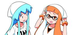 Rule 34 | 2girls, :d, absurdres, adjusting clothes, adjusting headwear, anbe masahiro, blue hair, bracelet, clothes writing, cosplay, crossover, hat, highres, ikamusume, ikamusume (cosplay), inkling, inkling girl, inkling player character, jewelry, long hair, multiple girls, nintendo, official art, open mouth, orange eyes, orange hair, pointy ears, shinryaku! ikamusume, shirt, simple background, smile, splatoon (series), splatoon 1, t-shirt, trait connection, upper body, white background, white shirt