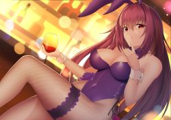 Rule 34 | alcohol, animal ears, bar (place), bare shoulders, bow, breasts, cleavage, counter, cup, cupping glass, detached collar, drink, drinking glass, fake animal ears, fate/grand order, fate (series), feng mouren, finger to mouth, fishnet pantyhose, fishnets, flower, glass, indoors, large breasts, leotard, light smile, long hair, official alternate costume, pantyhose, playboy bunny, purple hair, rabbit ears, red eyes, rose, scathach (fate), scathach (piercing bunny) (fate), strapless, thigh strap, wrist cuffs