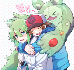 Rule 34 | &gt; &lt;, 2boys, :d, blue jacket, blush, blush stickers, brown hair, closed eyes, commentary request, creatures (company), game freak, gen 5 pokemon, green hair, hair between eyes, hat, heart, highres, hilbert (pokemon), hug, hug from behind, jacket, long hair, long sleeves, male focus, mochi (mocchi p 2m), multiple boys, n (pokemon), nintendo, open mouth, pokemon, pokemon (creature), pokemon bw, reuniclus, short hair, smile, teeth, tongue, upper teeth only