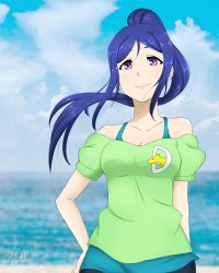 Rule 34 | 1girl, aqua shirt, artist name, artist request, bare shoulders, black pants, blue hair, blue sky, blush, breasts, cleavage, cloud, collarbone, day, dolphin print, female focus, floating hair, green shirt, hair between eyes, hand on own hip, high ponytail, highres, long hair, looking at viewer, love live!, love live! school idol festival, love live! sunshine!!, matsuura kanan, medium breasts, ocean, outdoors, pants, parted lips, ponytail, puffy short sleeves, puffy sleeves, purple eyes, shirt, short sleeves, sky, smile, solo, undershirt, wavy hair