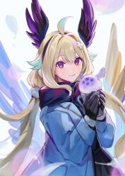 Rule 34 | 1girl, ahoge, aloupeep (enna alouette), blonde hair, blue coat, blush, coat, cup, enna alouette, falling feathers, feathers, flower, food, gloves, hair flower, hair ornament, hashtag only commentary, head wings, highres, holding, holding cup, light smile, long hair, looking at viewer, low twintails, mimi18710, nijisanji, nijisanji en, purple eyes, purple scarf, scarf, solo, twintails, very long hair, wings