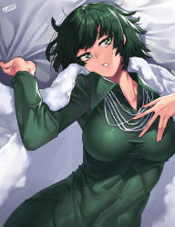 Rule 34 | 1girl, bad id, bad pixiv id, bed sheet, breasts, dress, female focus, fubuki (one-punch man), green dress, green eyes, green hair, jewelry, jjune, large breasts, long sleeves, looking at viewer, lying, matching hair/eyes, necklace, on back, one-punch man, open mouth, sheet grab, solo