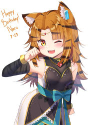 Rule 34 | 1girl, absurdres, animal ear fluff, animal ears, animal print, black dress, blue bow, blush, bow, breasts, clenched hand, commentary, detached sleeves, dress, english commentary, eyeshadow, forehead jewel, highres, ikazu401, long hair, makeup, nara haramaung, nijisanji, nijisanji id, one eye closed, orange eyes, paw pose, red eyeshadow, small breasts, smile, solo, tiger ears, tiger girl, tiger print, two-tone dress, virtual youtuber, white dress, aged down