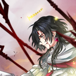 Rule 34 | 1boy, armor, black hair, blood, blood on face, blurry, cloak, closed mouth, commentary, constantine xi (fate), depth of field, earrings, fate/grand order, fate (series), from side, grey eyes, hair between eyes, halo, heki0529, jewelry, light particles, long hair, looking ahead, male focus, polearm, profile, serious, solo, tassel, upper body, weapon, white armor, white cloak