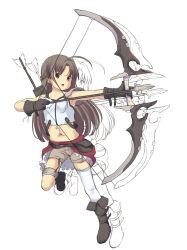 Rule 34 | 1girl, anyannko, arrow (projectile), bad id, bad pixiv id, bow (weapon), brown eyes, brown hair, drawing bow, gloves, highres, holding, holding bow (weapon), holding weapon, long hair, midriff, navel, original, shorts, single thighhigh, solo, thighhighs, weapon