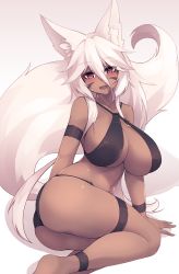 Rule 34 | 1girl, absurdres, animal ear fluff, animal ears, ankle strap, arm behind back, arm strap, arm support, ass, barefoot, bikini, black bikini, borrowed character, breasts, dark-skinned female, dark skin, facial mark, fangs, fox ears, fox tail, gradient background, hair between eyes, halterneck, head tilt, highres, large breasts, long hair, looking at viewer, navel, open mouth, original, purple eyes, sitting, solo, string bikini, sub-res, swimsuit, tail, thigh strap, thighs, white hair, wrist straps