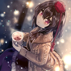 Rule 34 | 1girl, 2hands1cup, black hair, black skirt, commentary request, cup, from above, fuepo, hair between eyes, hair over shoulder, hat, highres, holding, holding cup, long hair, long sleeves, looking at viewer, looking up, mug, night, outdoors, pantyhose, red eyes, ribbon-trimmed skirt, ribbon trim, shameimaru aya, sitting, skirt, snowing, solo, steam, sweater, tassel, tea, tokin hat, touhou, winter