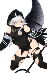 Rule 34 | 1girl, absurdres, ahoge, arknights, as yinshimao, bare shoulders, black thighhighs, brown eyes, commentary, crocodilian tail, feet out of frame, goggles, goggles around neck, highres, hood, large tail, long sleeves, parted lips, short hair, silver hair, simple background, solo, tail, thighhighs, thighs, tomimi (arknights), white background