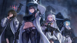 Rule 34 | 4girls, abs, absurdres, ammunition, arm up, armband, assault rifle, atsuko (blue archive), bandaged neck, bandages, bare shoulders, baseball cap, belt, belt pouch, black belt, black gloves, black hair, black headwear, black hoodie, black mask, black pants, black shirt, black sweater, black thighhighs, blue archive, blue eyes, bow, braid, breasts, buckle, building, cabbie hat, cape, chest harness, closed mouth, coat, commentary request, cowboy shot, crop top, cross-laced clothes, cross-laced sleeves, cz scorpion evo 3, dress, ear piercing, fim-92 stinger, garter straps, gloves, green eyes, green hair, groin, gun, hair bow, hair ornament, hair over one eye, hairclip, halo, harness, harold japan, hat, highres, hiyori (blue archive), holding, holding gun, holding weapon, holster, hood, hood down, hood up, hooded coat, hoodie, jacket, knife, knife sheath, large breasts, long hair, long sleeves, low twin braids, man-portable air-defense system, mask, mask pull, midriff, misaki (blue archive), missile launcher, mouth mask, multiple girls, navel, no mask, outdoors, pants, parted lips, piercing, pink hair, bulletproof vest, pouch, rain, red eyes, rifle, rocket launcher, saori (blue archive), scarf, scope, sheath, shirt, short hair, side ponytail, sidelocks, sig 516, sig sauer, skirt, skyscraper, sleeveless, sleeveless shirt, smile, snap-fit buckle, standing, submachine gun, surgical mask, sweater, thigh holster, thighhighs, torn clothes, torn pants, trigger discipline, twin braids, underbust, weapon, weapon case, white cape, white coat, white dress, white scarf, white skirt, window magazine