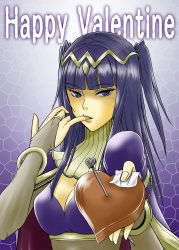 Rule 34 | 1girl, bracelet, breasts, bridal gauntlets, candy, cape, chocolate, chocolate heart, cleavage, finger in own mouth, fire emblem, fire emblem awakening, food, hair ornament, happy valentine, heart, hirabuki masahiro, incoming gift, jewelry, long hair, lots of jewelry, nail, nintendo, purple eyes, purple hair, solo, tharja (fire emblem), two side up, valentine