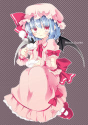 Rule 34 | 1girl, aogiri sei, bat wings, blue hair, blush, bow, cup, dress, female focus, hat, mary janes, polka dot, red eyes, remilia scarlet, shoes, short hair, solo, teacup, touhou, wings, wrist cuffs