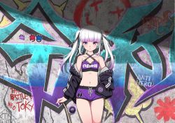 Rule 34 | 1girl, black jacket, black ribbon, blunt bangs, closed mouth, clothes writing, commentary, criss-cross halter, double vertical stripe, english text, graffiti, hair ribbon, halterneck, hand in pocket, holding, jacket, ktn studio, light frown, light purple hair, long hair, looking at viewer, midriff, navel, off shoulder, open clothes, open jacket, original, purple eyes, purple shorts, purple sports bra, reiwa, ribbon, romaji text, short shorts, shorts, skateboard, solo, sports bra, standing, twintails