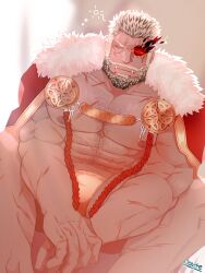 Rule 34 | 1boy, absurdres, balor (housamo), bara, bare pectorals, beard, bulge, cape, chest hair, facial hair, feet out of frame, flaming eye, fur-trimmed cape, fur trim, glowing, glowing eye, highres, large pectorals, male focus, male underwear, mature male, multicolored hair, muscular, muscular male, navel, navel hair, nipples, official alternate costume, pectorals, route (ealger50703), scar, scar on arm, scar on chest, scar on leg, short hair, sitting, solo, squeans, stomach, tokyo houkago summoners, tusks, two-tone beard, two-tone hair, underwear, yellow male underwear