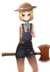 Rule 34 | 1girl, absurdres, arm behind back, artist request, axe, badge, blonde hair, brown eyes, commentary request, cowboy shot, fate/grand order, fate (series), food, gloves, hat, highres, looking at viewer, mugcup, naked overalls, overalls, paul bunyan (fate), paul bunyan (third ascension) (fate), popsicle, short hair, shorts, simple background, smile, smiley face, solo, weapon, white background