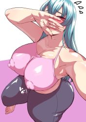 Rule 34 | 1girl, ass, barefoot, blue hair, blush, breasts, feet, huge ass, kandata nijou, large breasts, long hair, crop top, nipples, pants, red eyes, skin tight, thick thighs, thighs, yoga pants