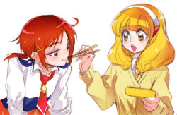 Rule 34 | 10s, 2girls, blonde hair, cardigan, chopsticks, eating, hair ornament, hairband, hairclip, hino akane (smile precure!), kise yayoi, multiple girls, necktie, ponytail, precure, red eyes, red hair, school uniform, sleeves rolled up, smile precure!, tima, white background, white hairband, yellow eyes