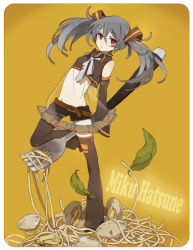 Rule 34 | 1girl, basil leaf, boots, clam, detached sleeves, female focus, food, fork, full body, grey hair, hatsune miku, highres, leaf, legs, long hair, loo, lowleg, midriff, necktie, pasta, red eyes, shell, shorts, solo, spaghetti, steamed clam, thigh boots, thighhighs, twintails, vocaloid