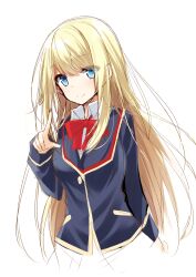 Rule 34 | 1girl, blonde hair, blue eyes, blush, bow, bowtie, breasts, chloe lemaire, closed mouth, collar, collared shirt, commentary request, eyes visible through hair, finger gun, floating hair, girlfriend (kari), hair between eyes, hand up, highres, kakao (chocolate land), long hair, long sleeves, looking at viewer, medium breasts, red bow, red bowtie, school uniform, shirt, simple background, sketch, smile, solo, upper body, very long hair, white background, white collar
