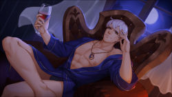 Rule 34 | 1boy, abs, alcohol, artist request, bare pectorals, black male swimwear, black swim briefs, chair, closed mouth, coat, crossed legs, cup, curtains, drinking glass, earrings, eyeshadow, glass, gyee, hand on own face, highres, jewelry, looking at viewer, makeup, male focus, male swimwear, martin (gyee), moon, moonlight, muscular, muscular male, necklace, night, night sky, nipples, official art, pectorals, red eyes, room, short hair, sitting, sky, smirk, solo, swim briefs, swimsuit, white hair, window, wine, wine glass