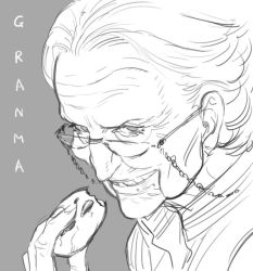 Rule 34 | 1girl, bad id, bad twitter id, chain, character name, commentary, cookie, cookie clicker, eating, english text, eyewear strap, food, food bite, from side, glasses, grandma, grandma (cookie clicker), grey background, greyscale, grin, holding, kozaki yuusuke, looking at viewer, monochrome, old, old woman, portrait, short hair, simple background, sketch, smile, solo, upper body