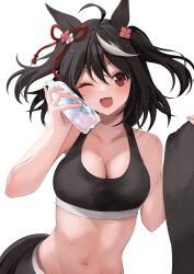 Rule 34 | 1girl, ;d, ahoge, alternate costume, animal ears, black hair, black sports bra, bob cut, bottle, breasts, cleavage, commentary, flower ornament, highres, holding, holding bottle, horse ears, horse girl, horse tail, kitasan black (umamusume), looking at viewer, medium breasts, midriff, multicolored hair, na-code (gurich), navel, one eye closed, open mouth, red eyes, red ribbon, ribbon, short hair, simple background, smile, solo, sports bra, streaked hair, tail, two-tone hair, umamusume, white background, white hair