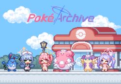 Rule 34 | 3girls, alternate color, audino, azumarill, blissey, blue archive, blue hair, blue wings, commentary, creatures (company), crossover, day, dress, game freak, gen 2 pokemon, gen 5 pokemon, hanae (blue archive), hat, mine (blue archive), multiple girls, nintendo, nurse, nurse cap, one eye closed, open mouth, outdoors, pink dress, pink hair, pixel art, pokemon, pokemon (creature), pokemon center, purple hair, redforge, serina (blue archive), shiny pokemon, sky, smile, twintails, wings
