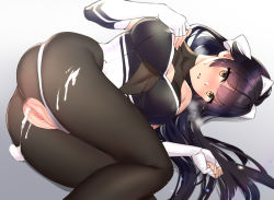 Rule 34 | 1girl, after vaginal, aftersex, ass, azur lane, bare shoulders, black hair, black leotard, black pantyhose, blush, bow, breasts, cleavage, cleavage cutout, clothing cutout, cum, cum in pussy, cumdrip, elbow gloves, gloves, hair bow, hair flaps, leotard, long hair, looking at viewer, lying, on side, ooshima aki, open mouth, pantyhose, ponytail, pussy, race queen, solo, takao (azur lane), takao (full throttle charmer) (azur lane), thighs, torn clothes, torn pantyhose, two-tone leotard, white bow, white gloves, white leotard, yellow eyes