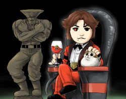 Rule 34 | 2boys, cat, crossed arms, crossed legs, cup, drinking glass, food, guile, highres, kicdon, kirby (series), looking at viewer, maxim tomato, mii (nintendo), mole, mole under mouth, multiple boys, nintendo, petrification, rugal bernstein, sakurai masahiro, sitting, smash ball, street fighter, super smash bros., the king of fighters, throne, tomato, wine glass