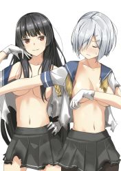 Rule 34 | 2girls, black hair, black legwear, blouse, blunt bangs, blush, breasts, cleavage, closed eyes, commentary request, covering privates, covering breasts, cowboy shot, frown, gloves, hair ornament, hair over one eye, hairclip, hamakaze (kancolle), hand on own hip, head tilt, highres, isokaze (kancolle), kantai collection, long hair, looking at viewer, medium breasts, multiple girls, navel, negahami, no bra, open clothes, open shirt, pantyhose, parted lips, pleated skirt, red eyes, school uniform, serafuku, shirt, short hair, silver hair, simple background, skirt, smile, standing, stomach, torn clothes, torn shirt, torn skirt, wavy mouth, white background, white gloves, white shirt