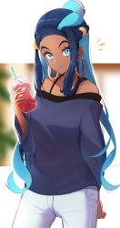Rule 34 | 1girl, absurdres, aqua eyes, arm behind back, bad id, bad pixiv id, casual, cowboy shot, creatures (company), cup, dark-skinned female, dark skin, disposable cup, earrings, frappuccino, game freak, gym leader, hair bun, highres, holding, holding cup, hoop earrings, jewelry, long hair, multicolored hair, nail polish, nessa (pokemon), nintendo, off-shoulder shirt, off shoulder, pants, pokemon, pokemon: twilight wings, pokemon swsh, shirt, single hair bun, solo, takom, two-tone hair, white pants