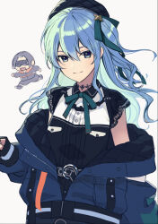 Rule 34 | 1boy, 1girl, beret, black choker, black dress, black headwear, blue eyes, blue hair, blue jacket, chibi, chibi inset, choker, closed mouth, collared dress, colored inner hair, double-parted bangs, dress, freestyle18, green ribbon, hair between eyes, hair ribbon, hat, highres, hololive, hoshimachi suisei, hoshimachi suisei (streetwear), jacket, lace, lace choker, lace sleeves, long hair, long sleeves, looking at viewer, midnight grand orchestra, multicolored hair, neck ribbon, off shoulder, official alternate costume, official alternate hairstyle, quilted headwear, quilted jacket, ribbon, short sleeves, sidelocks, simple background, smile, star (symbol), star in eye, symbol in eye, taku inoue, two-sided fabric, two-sided jacket, upper body, virtual youtuber, white background