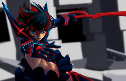 Rule 34 | 161803393 (artist), 1girl, absurdres, black hair, blue eyes, blurry, blurry background, gloves, highres, holding, holding weapon, kill la kill, matoi ryuuko, microskirt, multicolored hair, open mouth, scissor blade (kill la kill), senketsu, short hair, skirt, solo, streaked hair, suspenders, two-tone hair, weapon