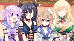 Rule 34 | 4girls, bare shoulders, black hair, blanc (neptunia), blonde hair, blue eyes, blush, breasts, brown hair, cleavage, d-pad, d-pad hair ornament, dress, fingerless gloves, fishnets, flat chest, game cg, gloves, hair between eyes, hair ornament, hair ribbon, highres, japanese clothes, long hair, looking at viewer, mask, mask on head, medium breasts, multiple girls, navel, neptune (neptunia), neptune (series), ninja, noire (neptunia), official art, open mouth, purple eyes, purple hair, red eyes, ribbon, sarashi, sash, senran nin nin ninja taisen neptune: shoujo-tachi no kyouen, short hair, small breasts, smile, twintails, vert (neptunia), white gloves