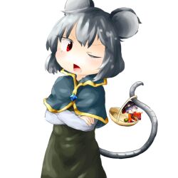 Rule 34 | 1girl, ;d, animal ears, basket, capelet, dress, green dress, grey hair, holding, holding with tail, jewelry, long sleeves, mouse ears, mouse girl, mouse tail, nazrin, one eye closed, open mouth, pendant, prehensile tail, red eyes, short hair, smile, solo, sukuna shinmyoumaru, tail, touhou, yaise