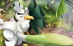Rule 34 | bird, bright pupils, closed mouth, commentary request, creatures (company), day, game freak, gen 8 pokemon, grass, hakuginnosora, highres, holding, leaf, falling leaves, nintendo, no humans, outdoors, pokemon, pokemon (creature), shield, sirfetch&#039;d, solo, spring onion, standing, tree, white pupils, yellow eyes