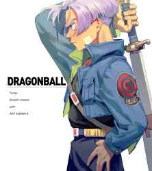 Rule 34 | 1boy, absurdres, arm behind head, ayunnnnn1, bandaid, bandaid on face, belt, black shirt, blue eyes, blue pants, capsule corp, character name, closed mouth, collared jacket, copyright name, denim, denim jacket, dragon ball, dragonball z, english text, expressionless, fingernails, from side, frown, hand on own hip, hand up, highres, holding, holding sword, holding weapon, jacket, looking away, male focus, open clothes, open jacket, pants, profile, purple hair, serious, shaded face, shirt, shirt tucked in, simple background, solo, sword, text focus, trunks (dragon ball), trunks (future) (dragon ball), upper body, v-shaped eyebrows, weapon, white background